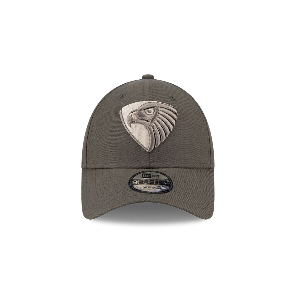 Hawthorn Hawks Hat - AFL 2025 Dusty Charcoal Grey 9Forty Strapback Cap - New Era